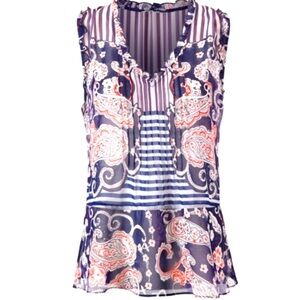 Cabi Peplum Blouse Tank Blue Stripe Red Floral